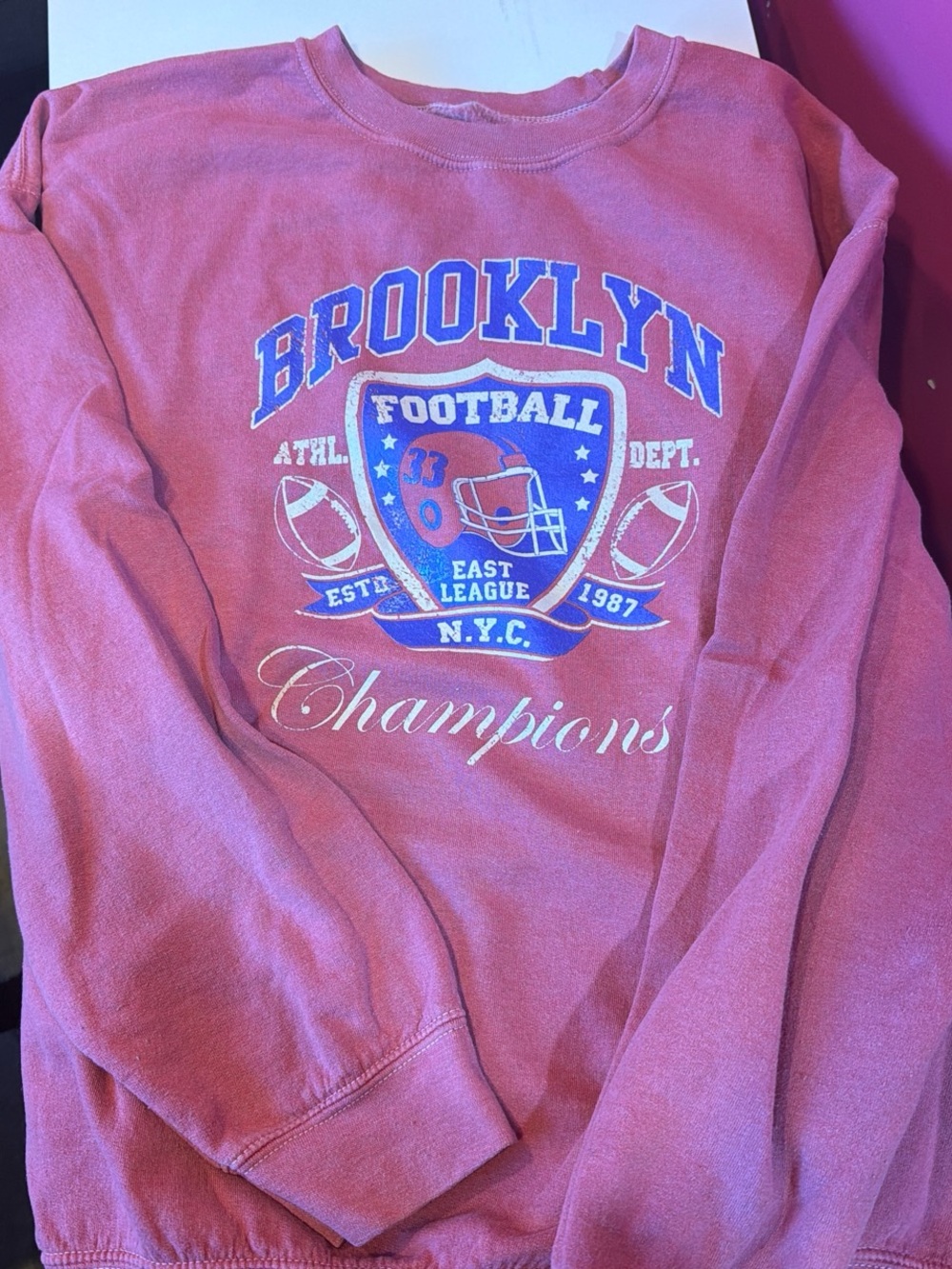 PacSun Pink Crewneck Sweatshirt with Blue & White Brooklyn Football Graphic